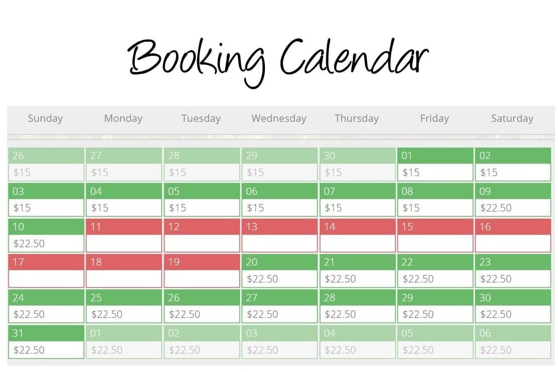 A screenshot of the booking calendar for our  guinea pig boarding hotel